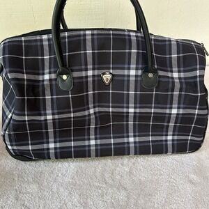 Calpak Empire 21 Inch Rolling Satchel Duffel Bag Plaid Navy Blue Luggage
